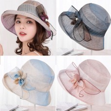 Mujer AntiUV Cloth Wide Brim Mesh Gradient Color Flower Sun Hat Beach Hat Caps  eb-01493339
